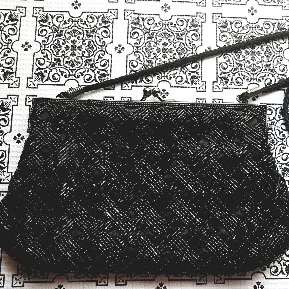 Lancome Elegant Beaded Formal Black Clutch Purse